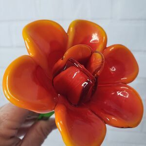 Lampwork Orange Glass Long Stem Flower Decorative Sculpture 15" Art Deco Style